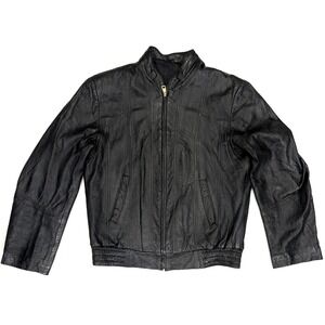 Vintage El Venado Bomber Jacket Men Size 40 Black Genuine Leather Biker Full Zip
